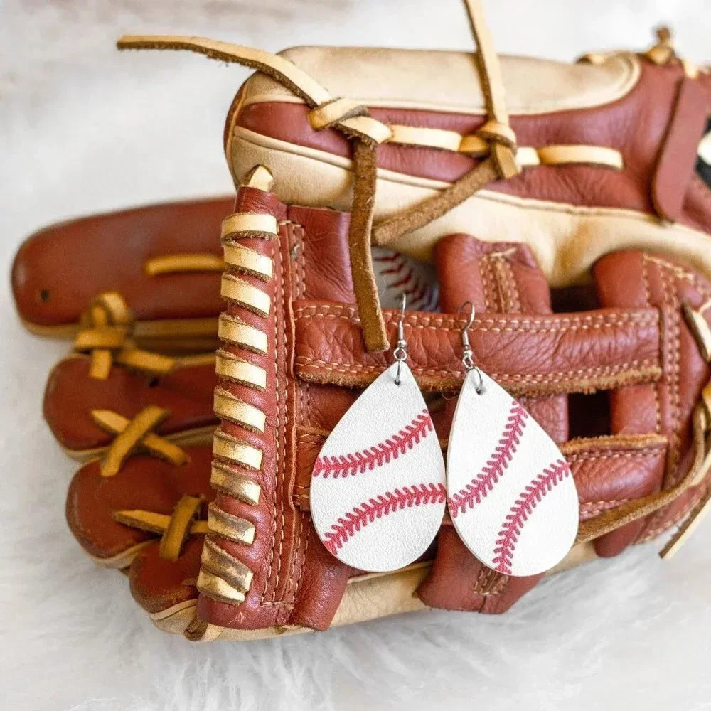 ✨️2/$25✨️ BASEBALL EARRINGS TEARDROP LEATHER WHITE RED SILVER HARDWARE
